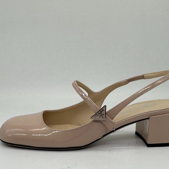 PRADA Decolette Logo Patent Leather Slingback Mary Jane Pumps Heel Sandals - Picture 2 of 15